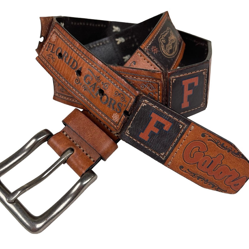 Fossil Florida Gators Belt Small Brown Leather Tooled Patchwork SEC Football